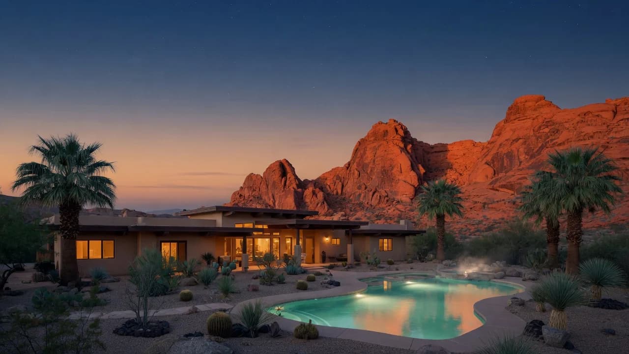 A desert home lit at dusk beneath red sandstone cliffs